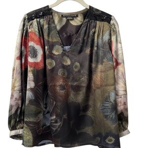 Pankaj & Nidhi Anthropologie Bastienne Sequin Trim Print Blouse XS Retail $148